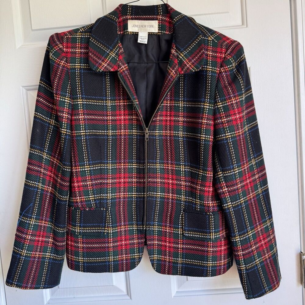 Vintage Jones New York 100% Wool Tartan Plaid Jacket Womens Christmas Made USA